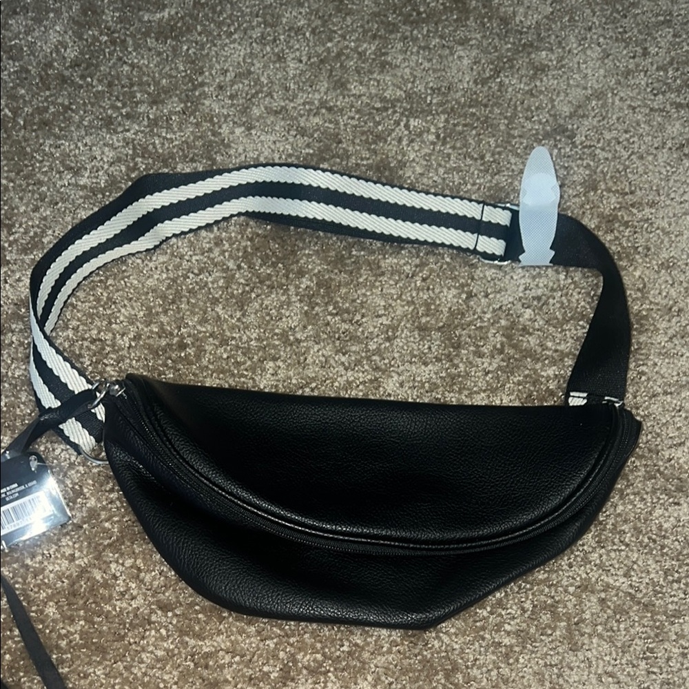 Black Leather Belt Bag with Striped Strap
